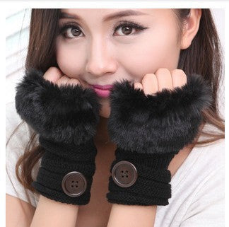 Faux rabbit fur warm fingerless wool winter knitted gloves women