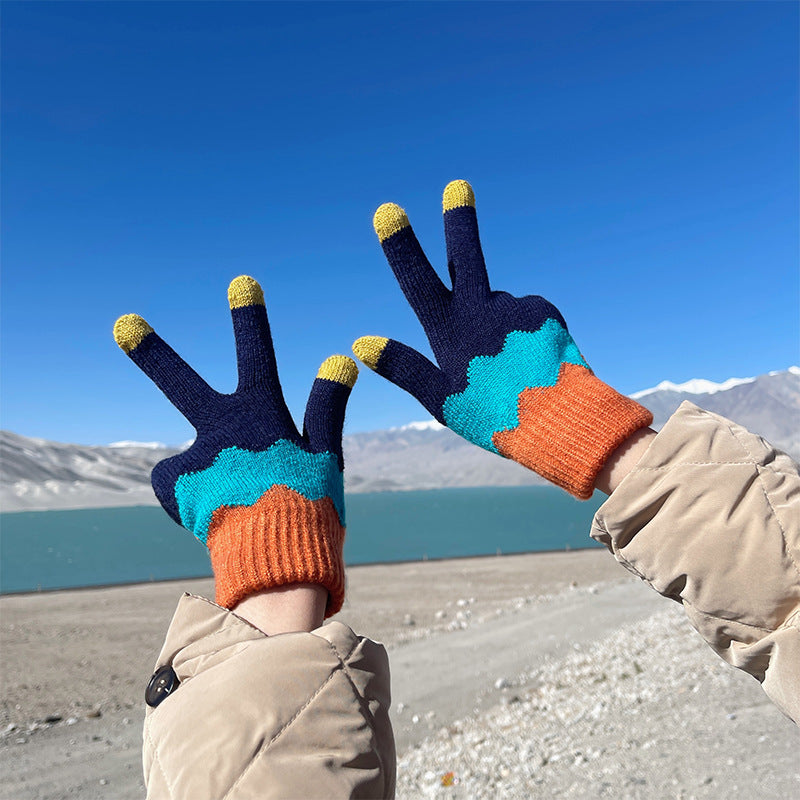 Autumn And Winter Contrast Color Cute Plus Velvet Knitted Gloves Women
