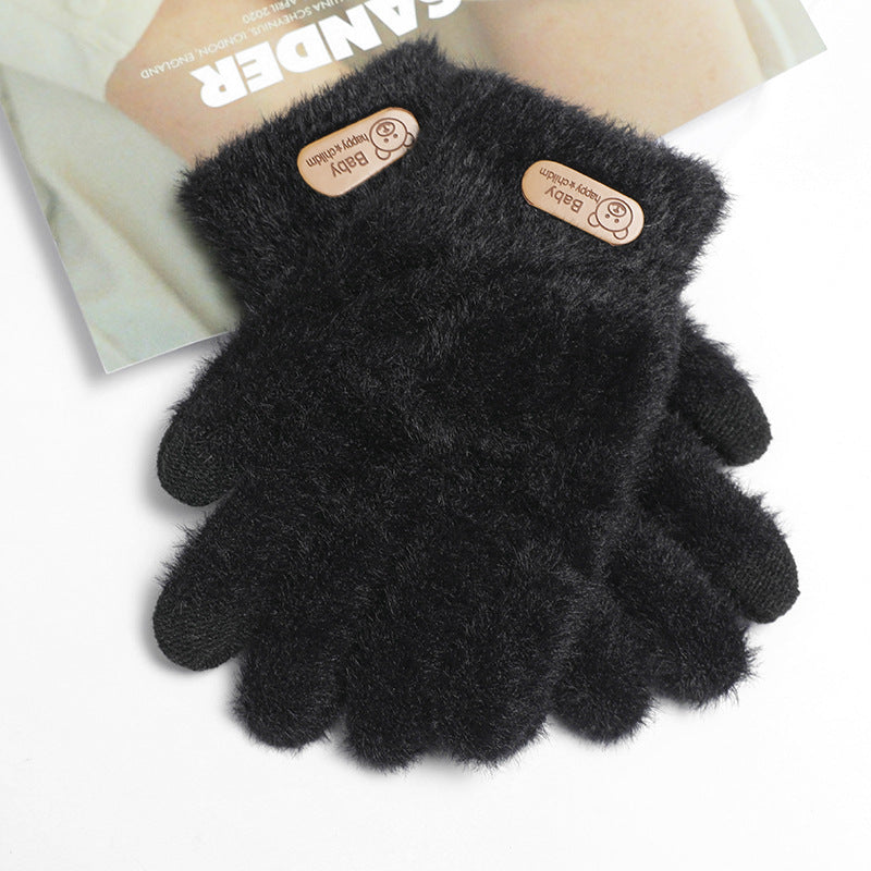 Autumn And Winter Contrast Color Cute Plus Velvet Knitted Gloves Women
