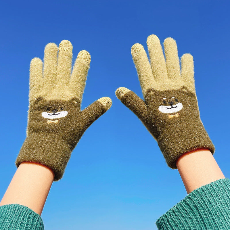 Autumn And Winter Contrast Color Cute Plus Velvet Knitted Gloves Women