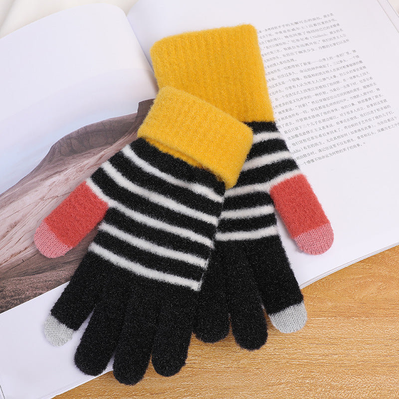 Autumn And Winter Contrast Color Cute Plus Velvet Knitted Gloves Women