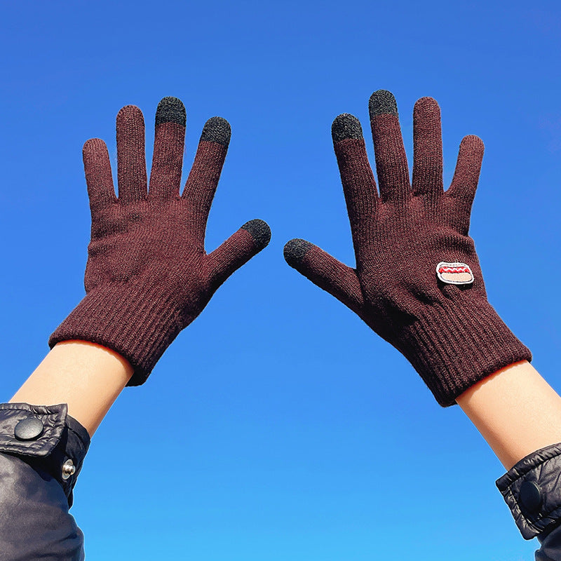 Autumn And Winter Contrast Color Cute Plus Velvet Knitted Gloves Women