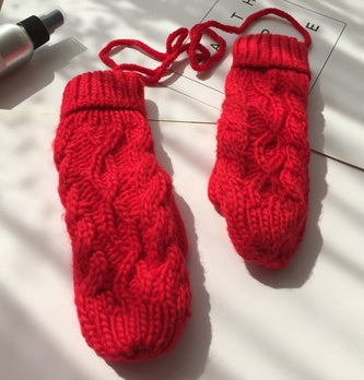 Korean Twist Double Thickening Fashion Hanging Neck Woolen Gloves Mittens Knitted Gloves Women Winter Korean Cute