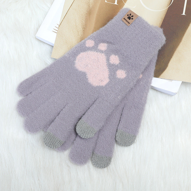 Autumn And Winter Contrast Color Cute Plus Velvet Knitted Gloves Women