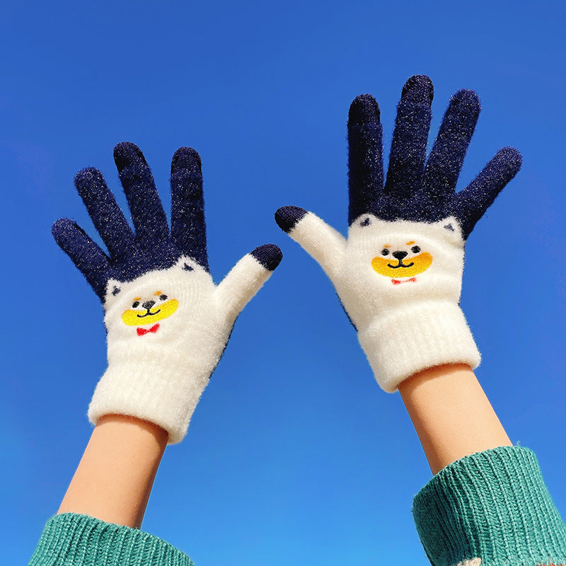Autumn And Winter Contrast Color Cute Plus Velvet Knitted Gloves Women