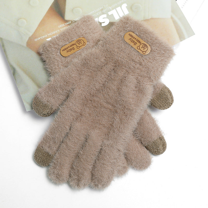 Autumn And Winter Contrast Color Cute Plus Velvet Knitted Gloves Women