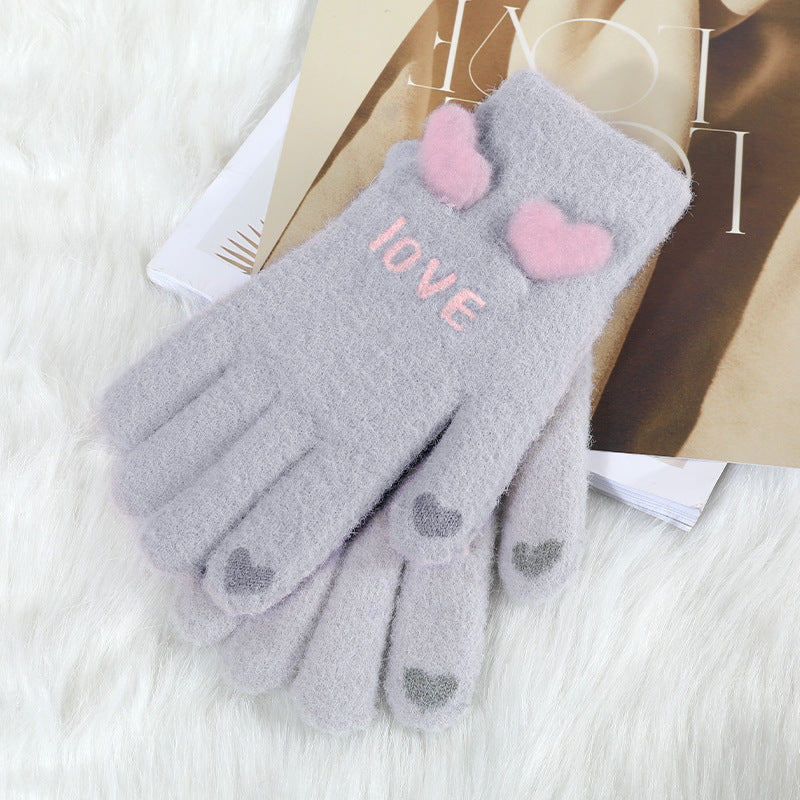 Autumn And Winter Contrast Color Cute Plus Velvet Knitted Gloves Women