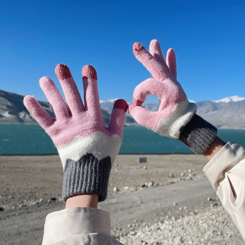 Autumn And Winter Contrast Color Cute Plus Velvet Knitted Gloves Women