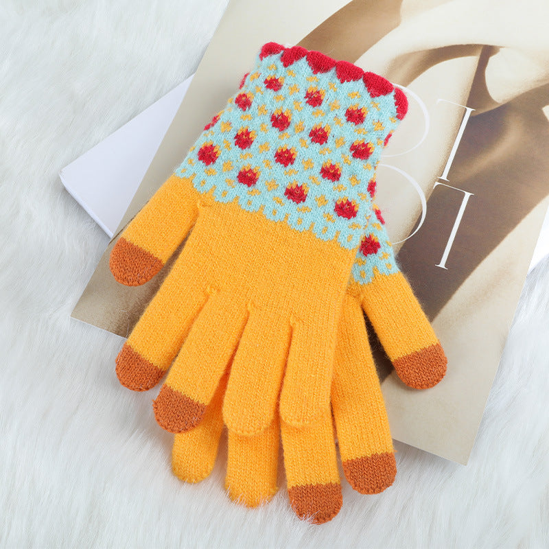 Autumn And Winter Contrast Color Cute Plus Velvet Knitted Gloves Women