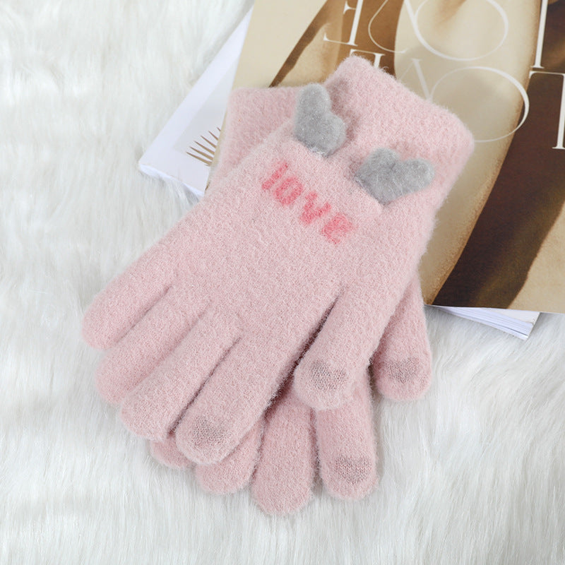 Autumn And Winter Contrast Color Cute Plus Velvet Knitted Gloves Women