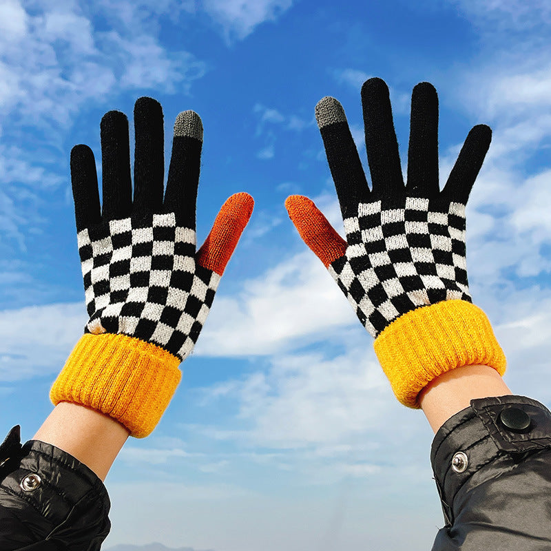 Autumn And Winter Contrast Color Cute Plus Velvet Knitted Gloves Women