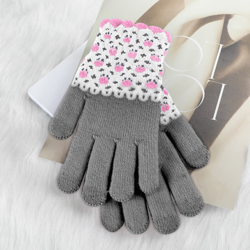 Autumn And Winter Contrast Color Cute Plus Velvet Knitted Gloves Women