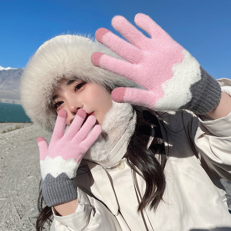 Autumn And Winter Contrast Color Cute Plus Velvet Knitted Gloves Women