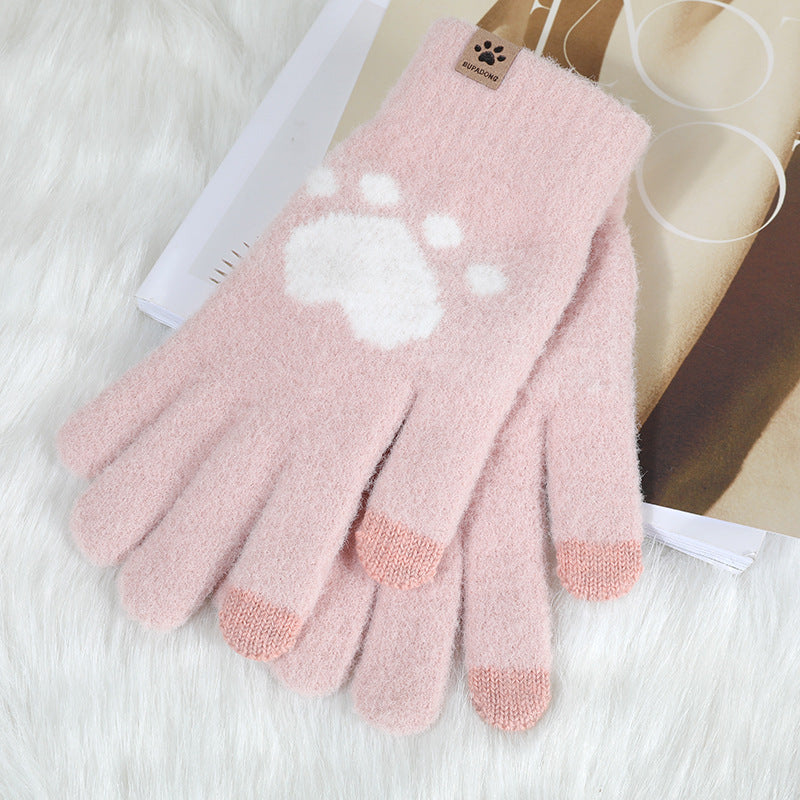 Autumn And Winter Contrast Color Cute Plus Velvet Knitted Gloves Women