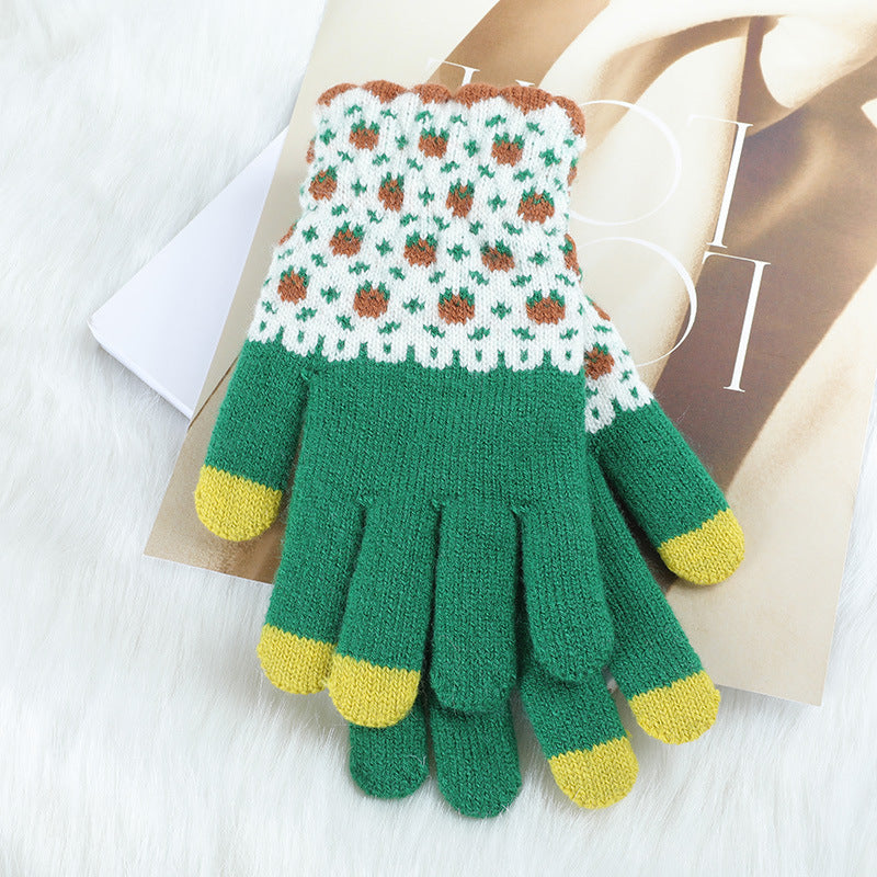 Autumn And Winter Contrast Color Cute Plus Velvet Knitted Gloves Women