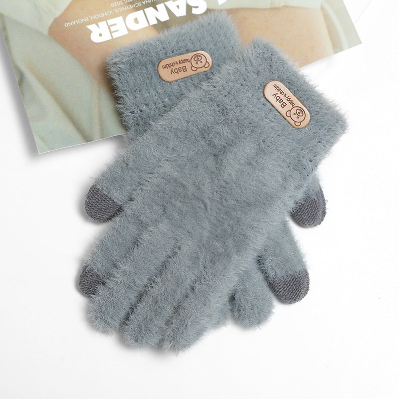Autumn And Winter Contrast Color Cute Plus Velvet Knitted Gloves Women