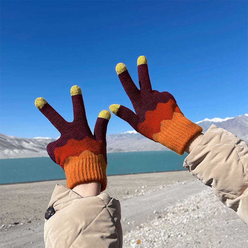 Autumn And Winter Contrast Color Cute Plus Velvet Knitted Gloves Women