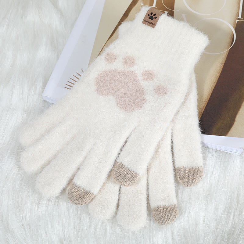 Autumn And Winter Contrast Color Cute Plus Velvet Knitted Gloves Women