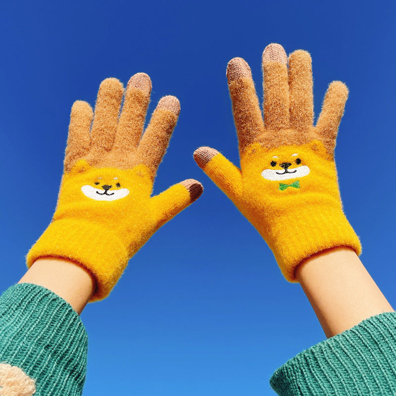 Autumn And Winter Contrast Color Cute Plus Velvet Knitted Gloves Women