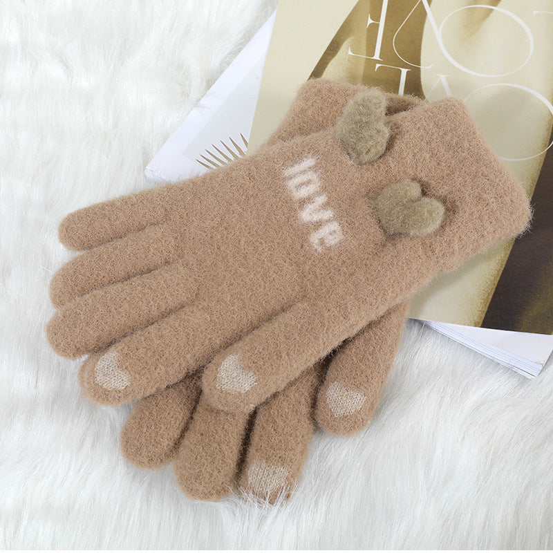 Autumn And Winter Contrast Color Cute Plus Velvet Knitted Gloves Women