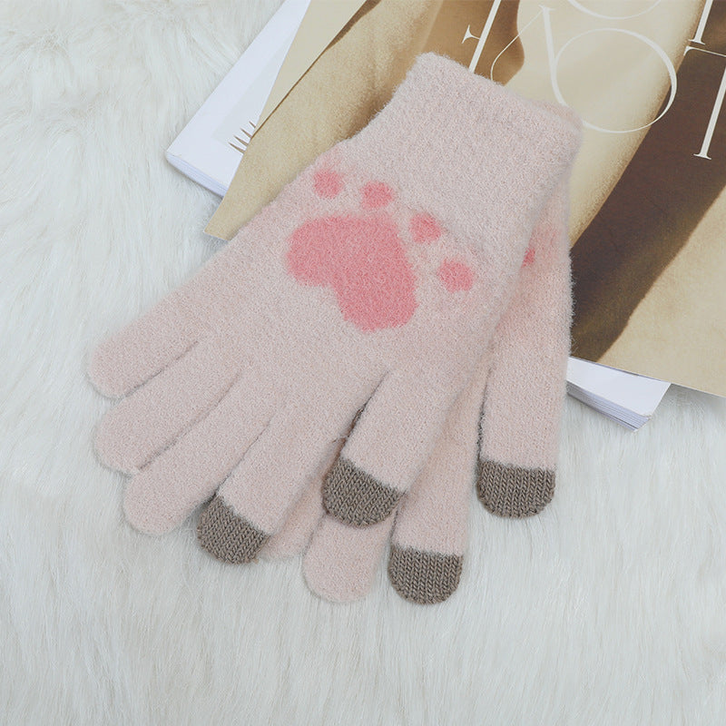 Autumn And Winter Contrast Color Cute Plus Velvet Knitted Gloves Women