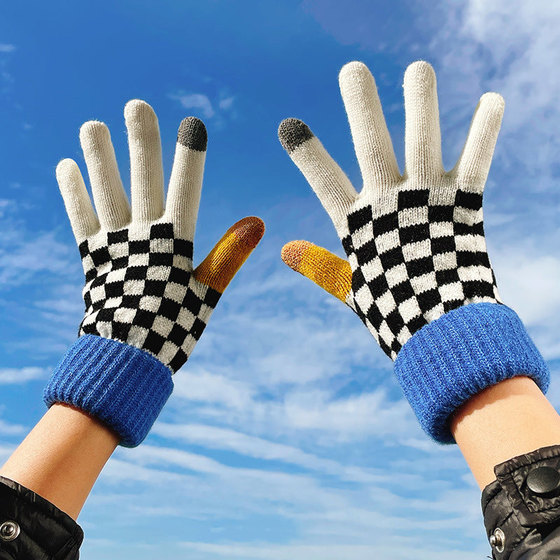Autumn And Winter Contrast Color Cute Plus Velvet Knitted Gloves Women