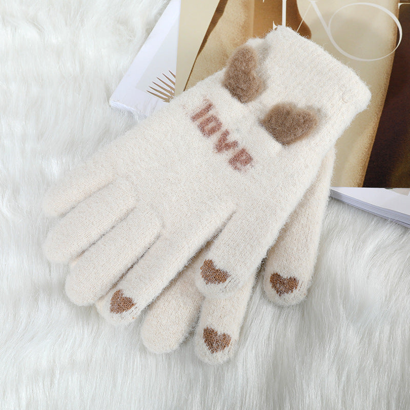 Autumn And Winter Contrast Color Cute Plus Velvet Knitted Gloves Women