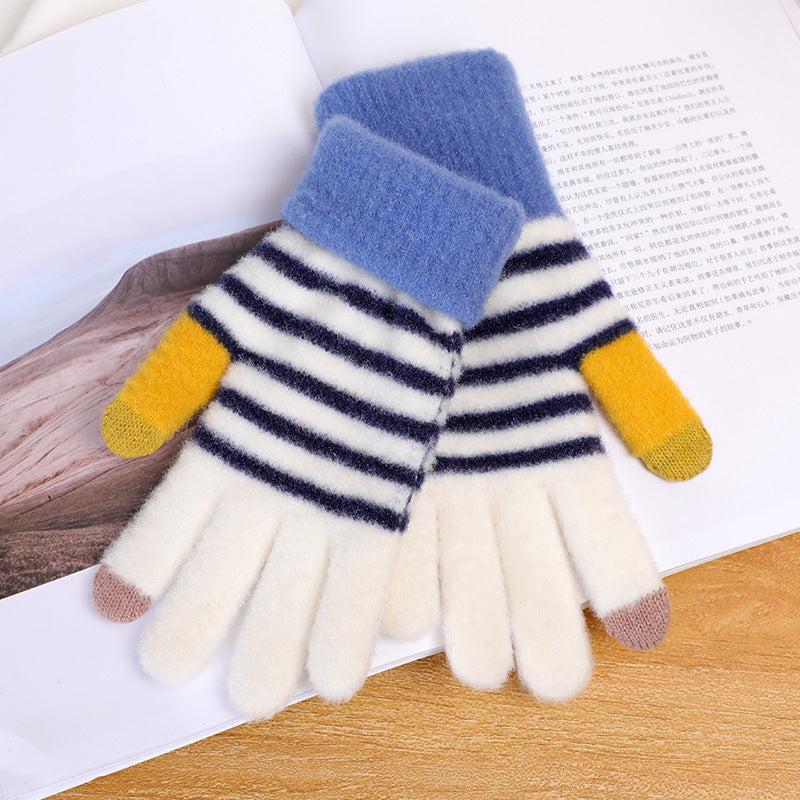 Autumn And Winter Contrast Color Cute Plus Velvet Knitted Gloves Women