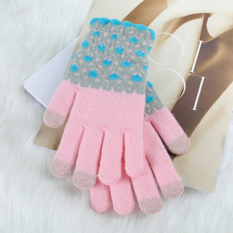 Autumn And Winter Contrast Color Cute Plus Velvet Knitted Gloves Women