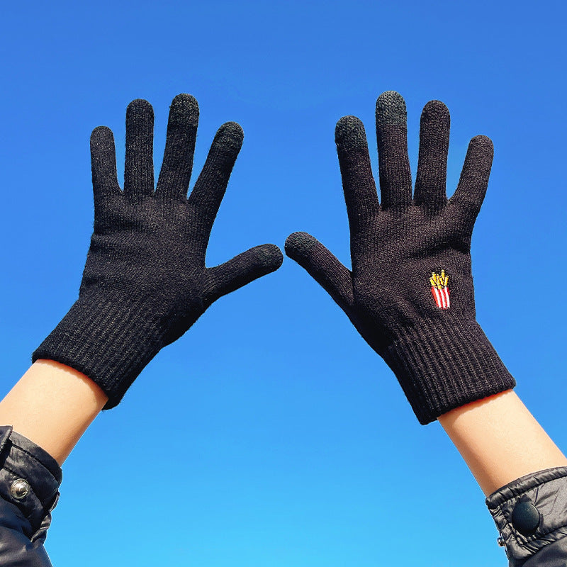 Autumn And Winter Contrast Color Cute Plus Velvet Knitted Gloves Women